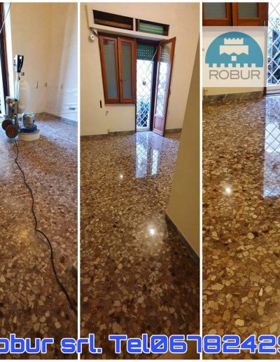 Levigatura e lucidatura di un pavimento in graniglia con macchina professionale, risultato finale brillante e riflettente.