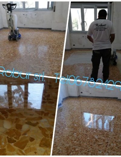 Tecnico Robur Servizi Srl al lavoro su pavimento in graniglia; immagini mostrano il trattamento di levigatura e lucidatura con effetto lucido finale.
