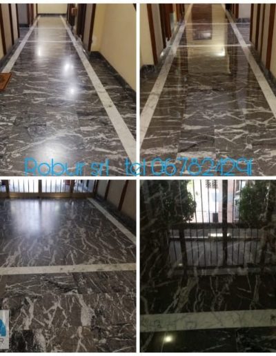 Confronto prima e dopo l’intervento di lucidatura di un corridoio condominiale in marmo scuro con fascia chiara.