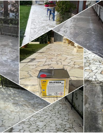 Trattamento professionale su pavimentazioni esterne in pietra eseguito da Robur Service Srl, utilizzando Silipren per una protezione duratura.