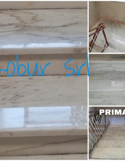 Sequenza prima e dopo di scale in marmo trattate da Robur Servizi Srl, mostrando il risultato di pulizia e lucidatura professionale.