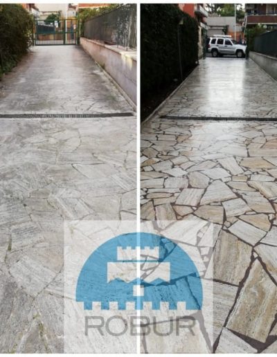 Vialetto in pietra prima e dopo la pulizia approfondita eseguita da Robur Servizi Srl, con risultato luminoso e superficie protetta.
