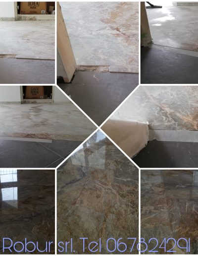 Sequenza di immagini prima e dopo il trattamento di levigatura e lucidatura di un pavimento in marmo multicolore.