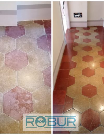 Prima e dopo il trattamento di levigatura e lucidatura su pavimento antico in cementine esagonali, con recupero dei colori originali.