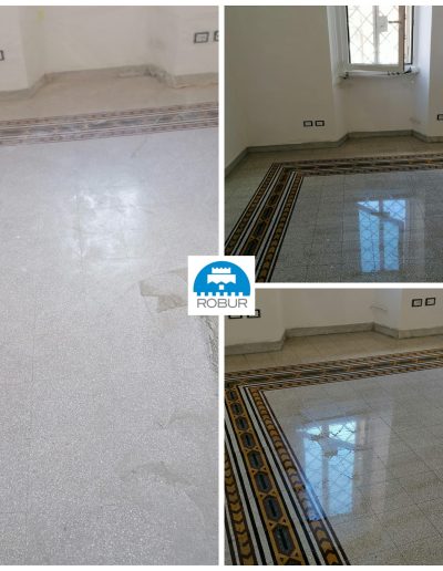 Intervento di levigatura e lucidatura su pavimento decorato in graniglia di marmo con motivi geometrici, prima e dopo il trattamento.