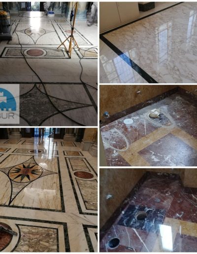 Lavoro di levigatura e lucidatura su pavimenti in marmo con decori geometrici; confronto tra prima e dopo l'intervento di Robur Servizi Srl.