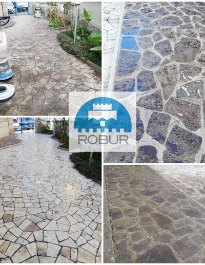 Pulizia e trattamento di una pavimentazione esterna in pietra con macchinari professionali, prima e dopo il lavaggio.