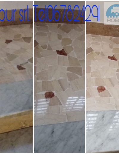 Lucidatura professionale di pavimenti in marmo chiaro eseguita da Robur Servizi Srl con macchinari all’avanguardia.